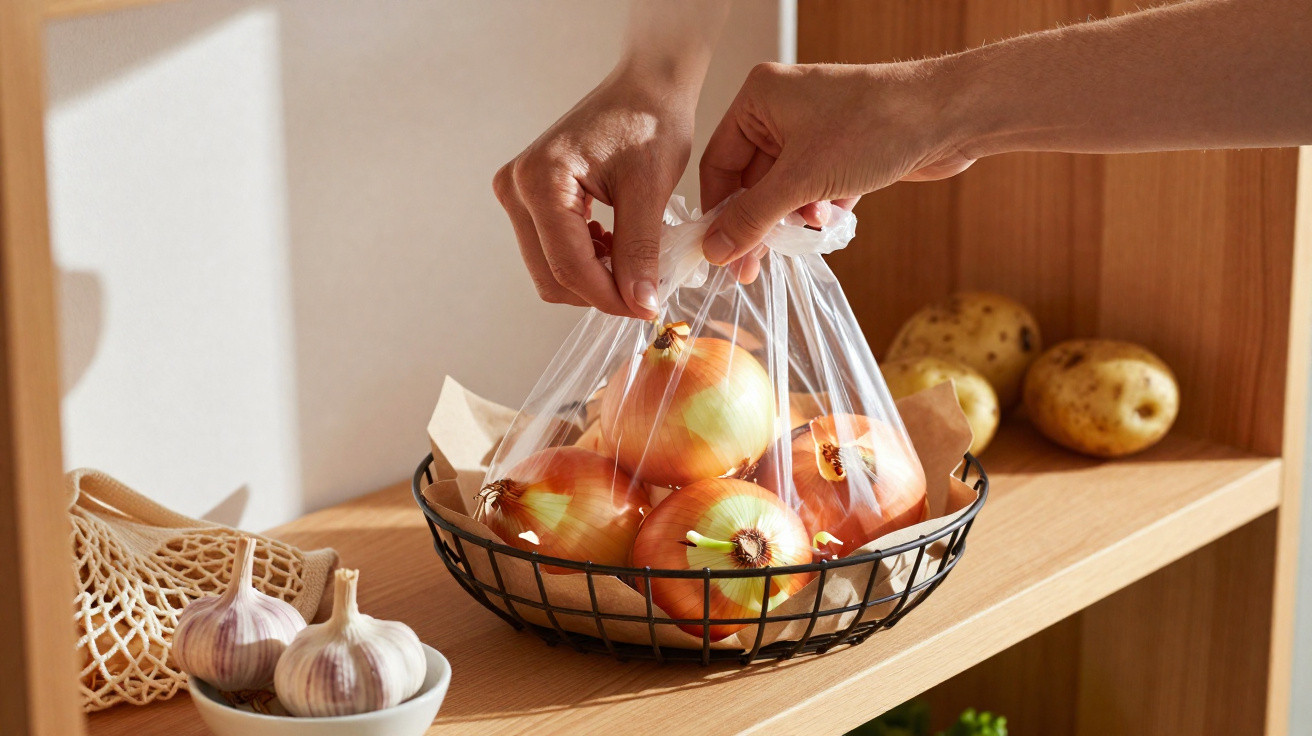 Mãos a colocar saco plástico com cebolas numa cesta metálica numa prateleira de madeira com alho e batatas.
