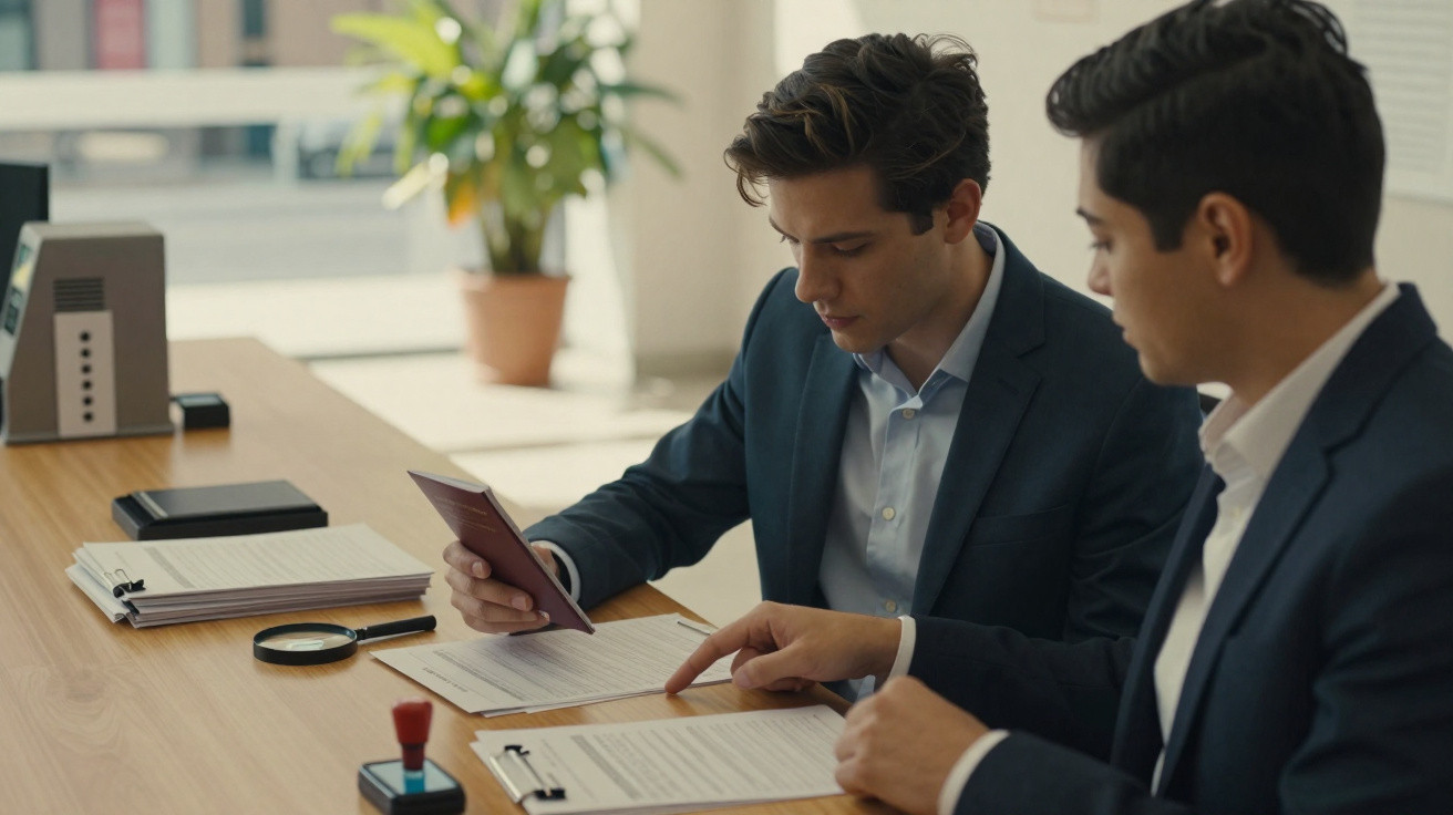 Dois homens de fato analisam documentos numa mesa de escritório iluminada.