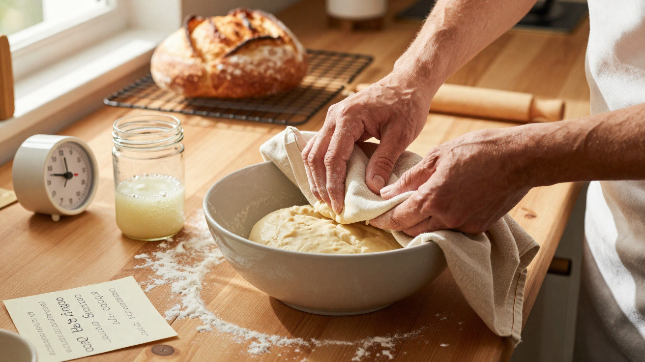 Mãos a cobrir massa de pão com pano em tigela, com pão ao fundo e ingredientes numa mesa de madeira.