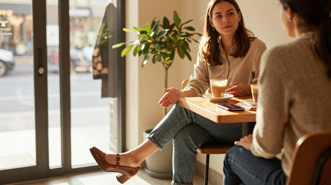 Duas mulheres conversam numa cafetaria, com cafés sobre a mesa e luz natural a entrar pela porta.