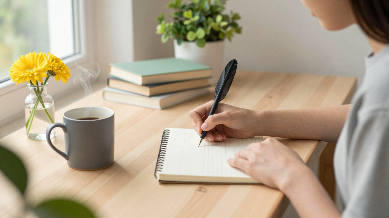 Pessoa a escrever num caderno numa secretária com caneca de café quente e flores amarelas na janela.