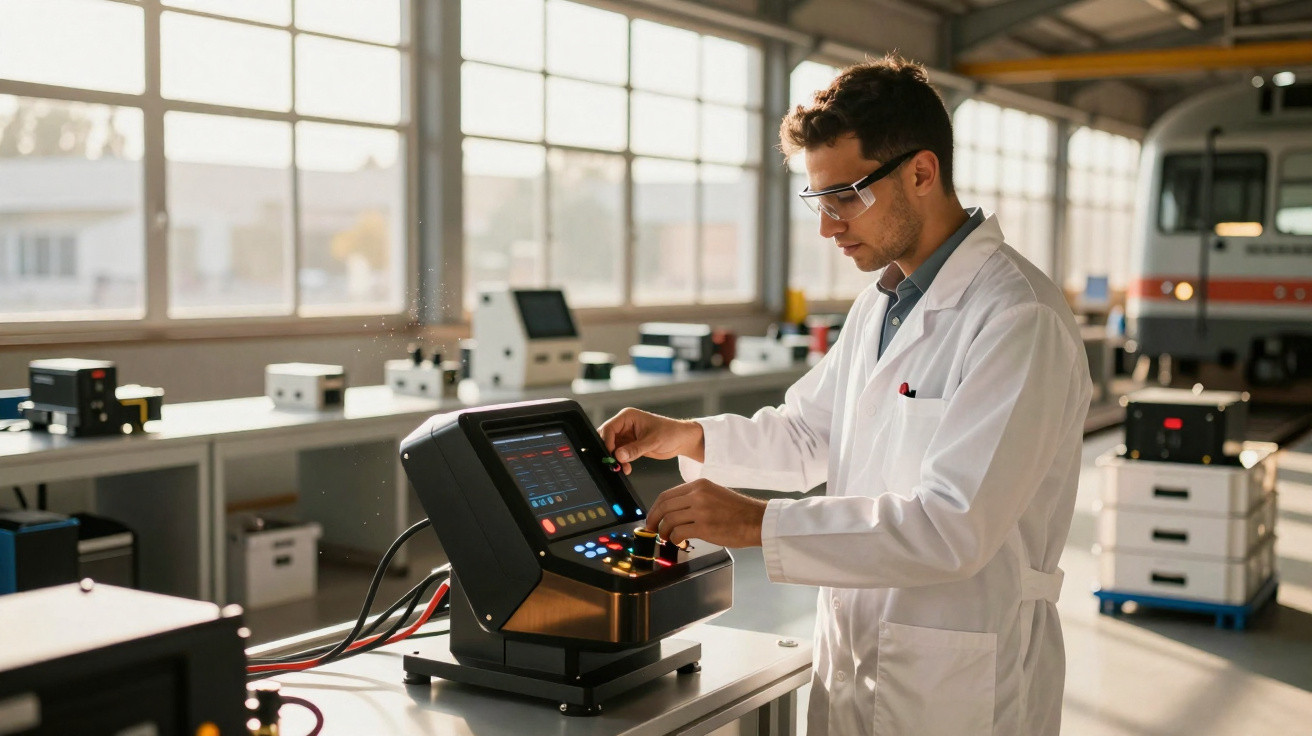 Homem de bata branca a operar equipamento eletrónico num laboratório bem iluminado.