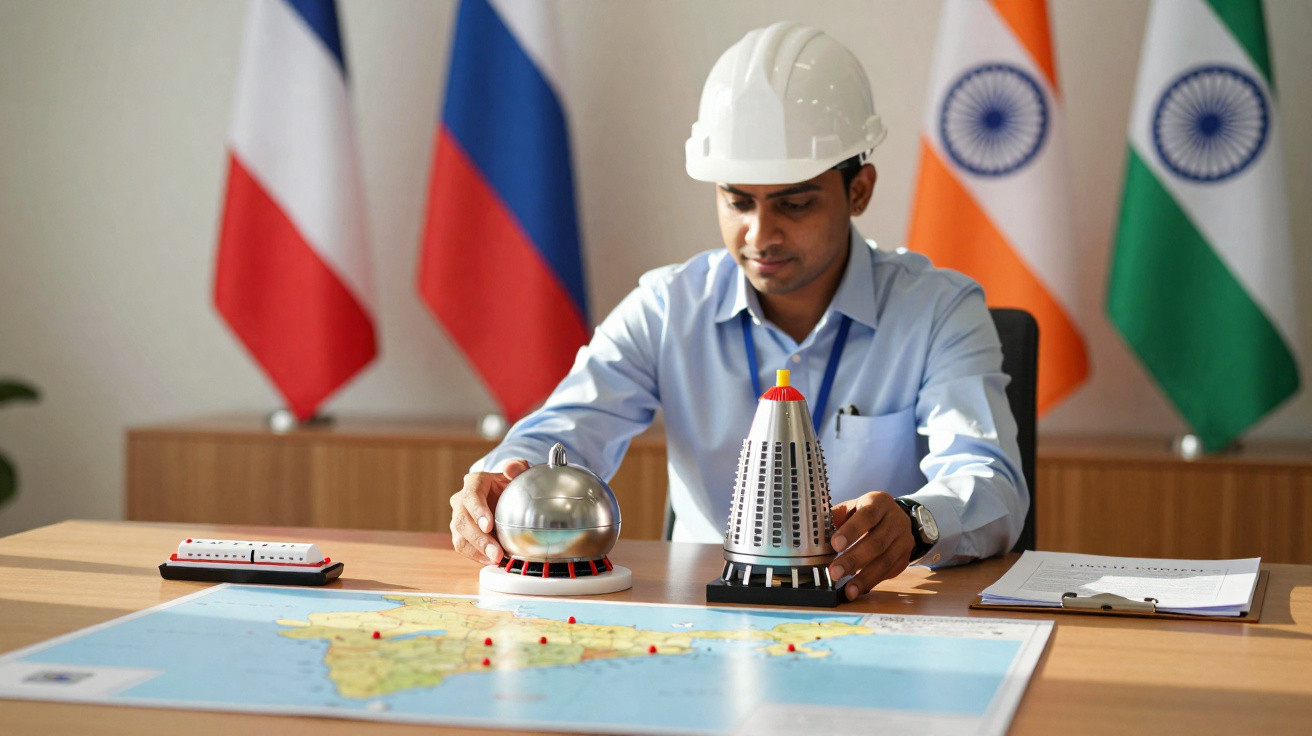 Homem com capacete branco manipula maquetes de reatores nucleares sobre mesa com mapa e bandeiras ao fundo.