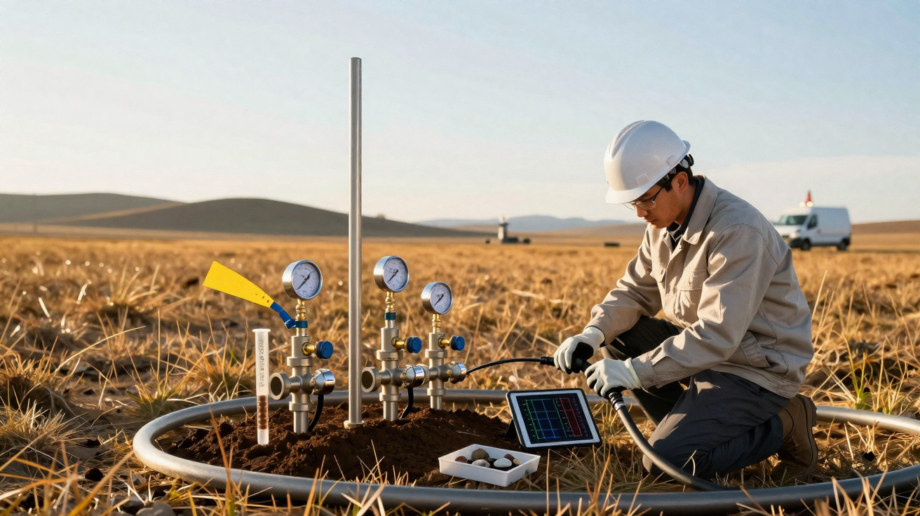 Engenheiro com capacete e tablet realiza medições num campo seco com equipamentos de controlo e mangueiras.