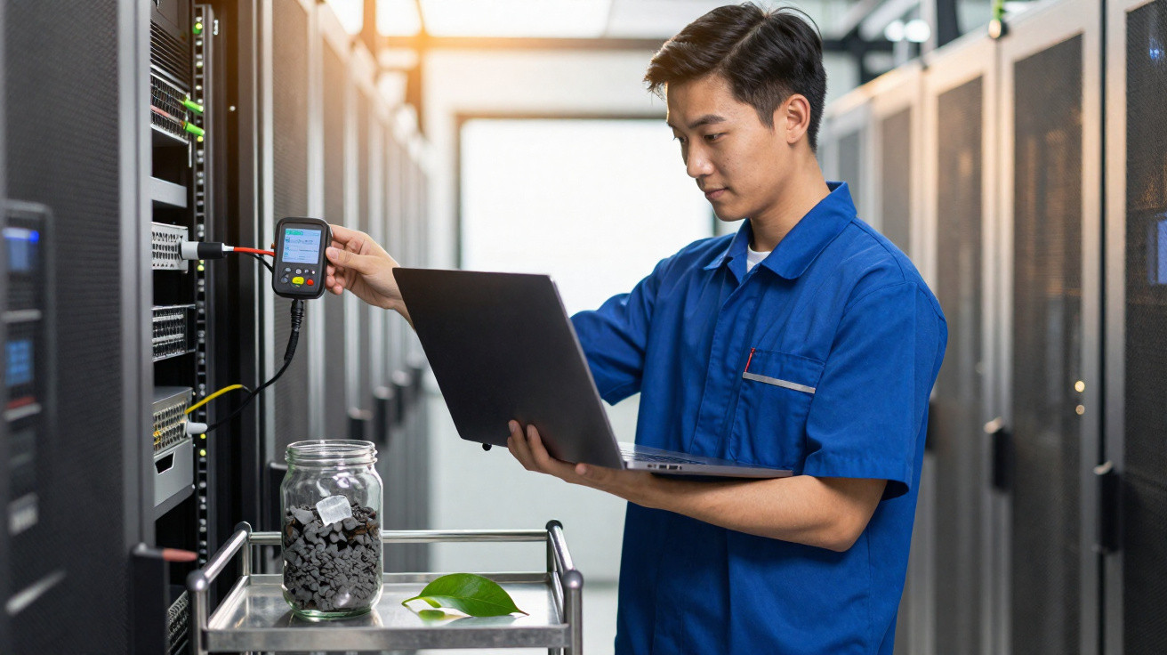 Técnico a usar laptop e dispositivo de medição para manutenção em servidor num centro de dados.