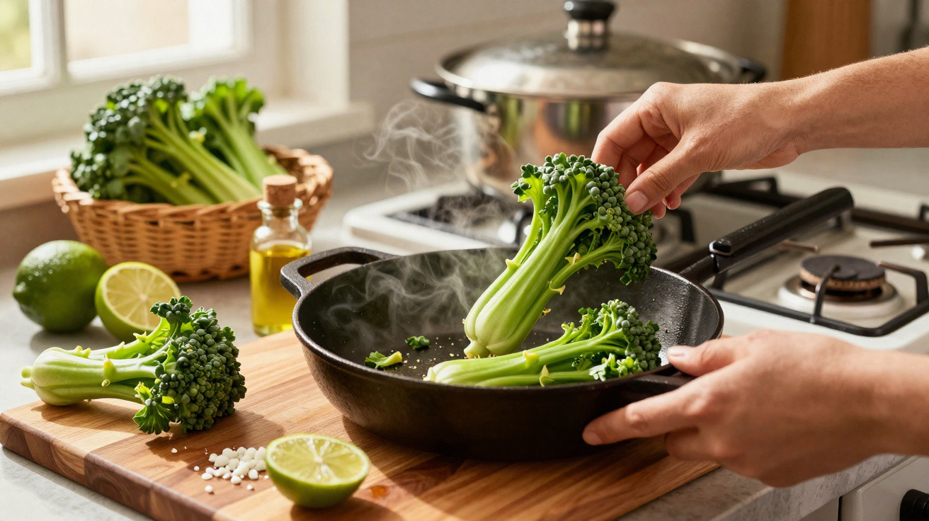 Mãos a cozinhar brócolos numa frigideira com vapor, limão, azeite e cesto com mais brócolos na bancada.