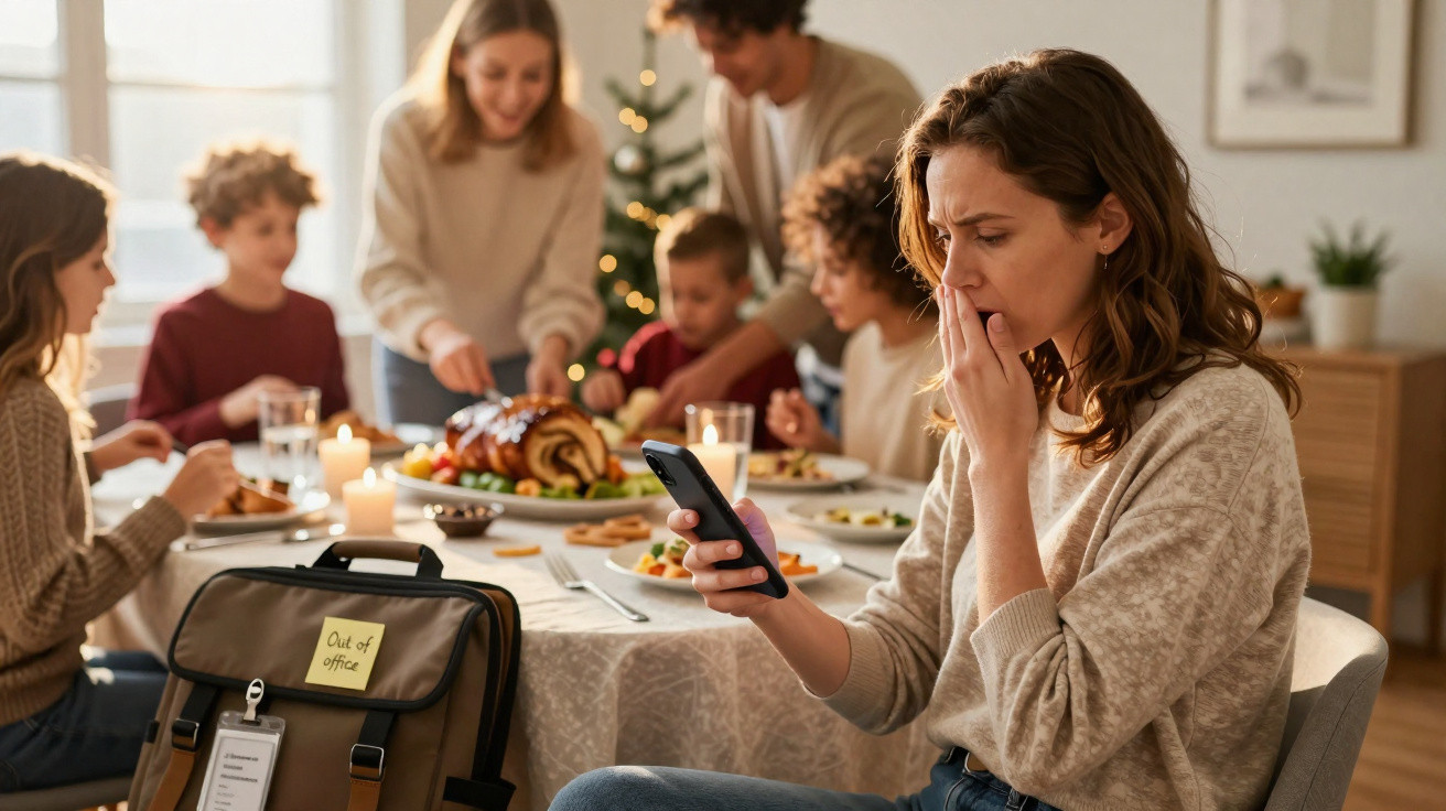 Mulher preocupada a olhar para o telemóvel, enquanto família feliz celebra à mesa de jantar decorada.