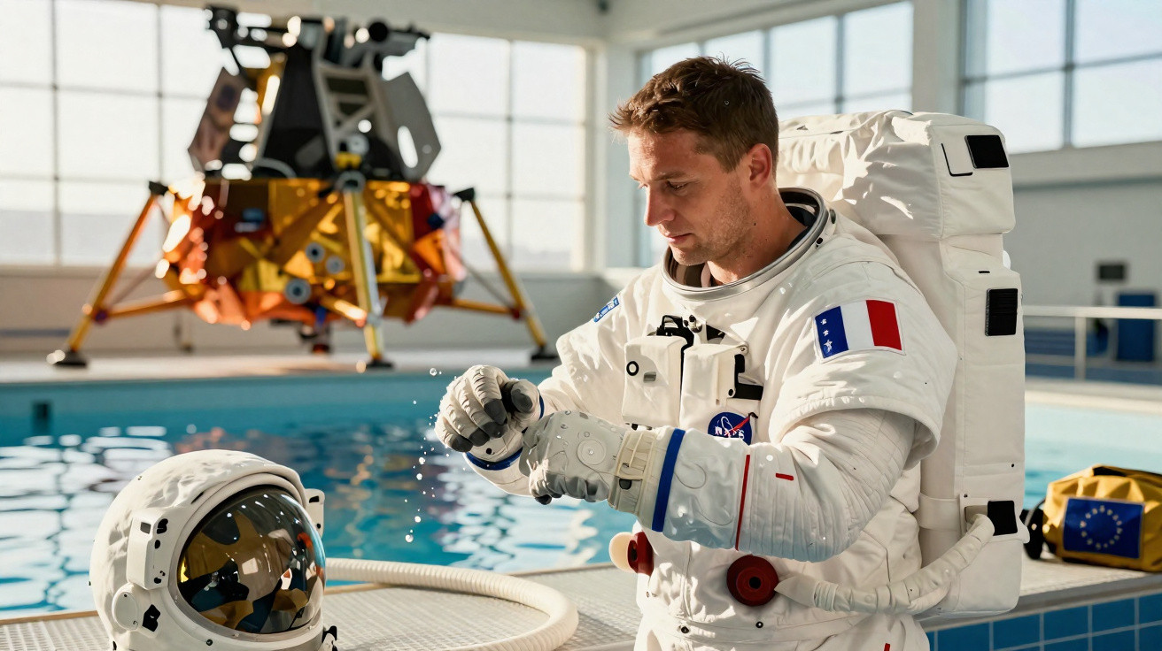 Astronauta em fato espacial com bandeira francesa realiza treino próximo a piscina e módulo lunar em fundo desfocado.