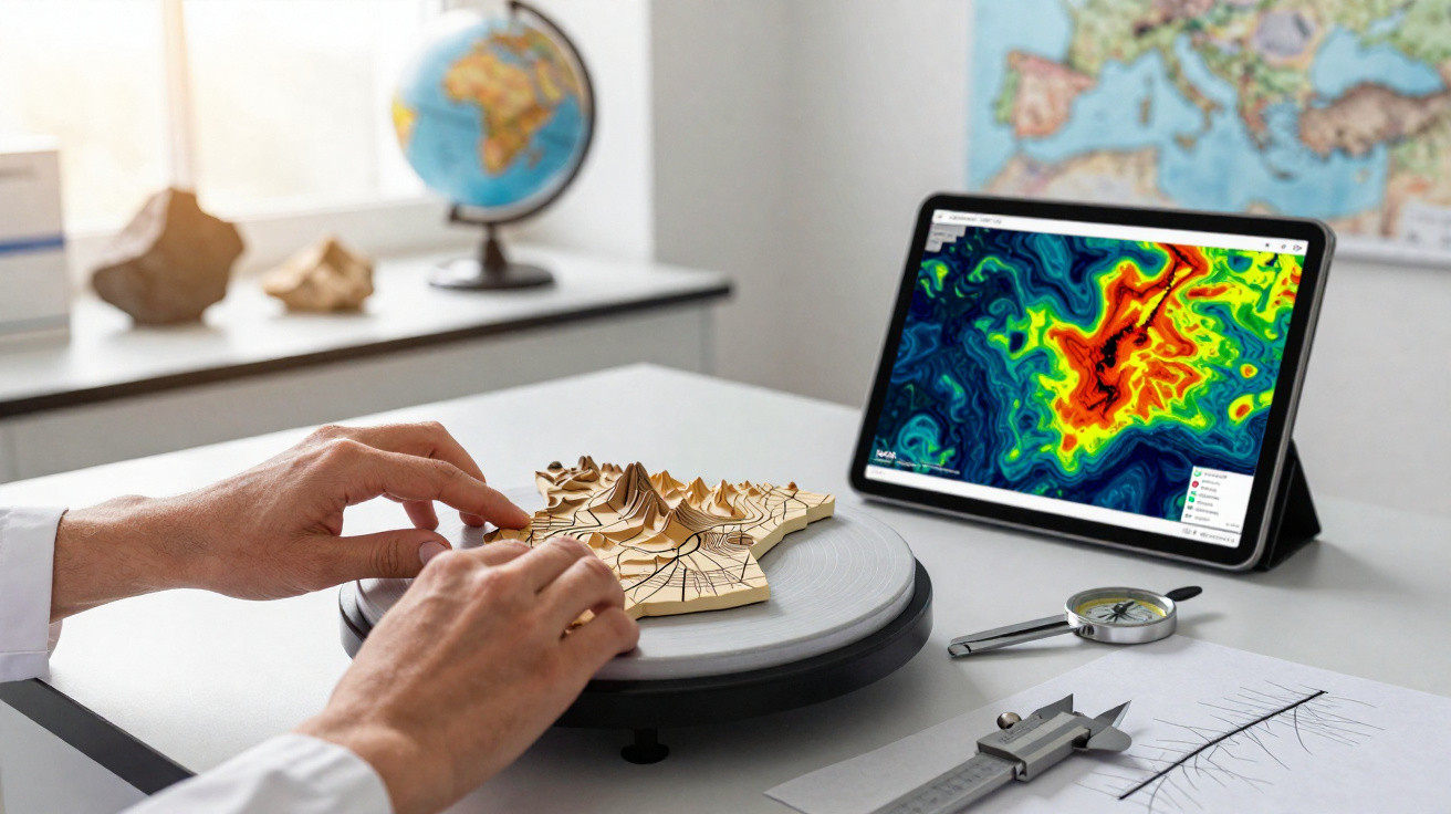 Mãos manipulam modelo topográfico em mesa com tablet a mostrar mapa de cores, bússola e ferramentas de medição.
