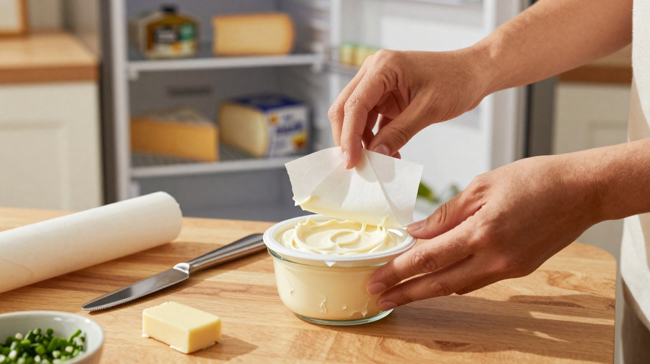 Mãos a retirar papel de um recipiente com manteiga ou creme numa cozinha com frigorífico ao fundo.
