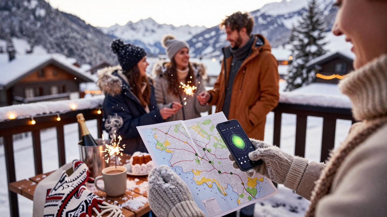 Grupo de amigos vestidos para o frio com mapa e telemóvel numa varanda nevada com paisagem de montanha ao fundo.