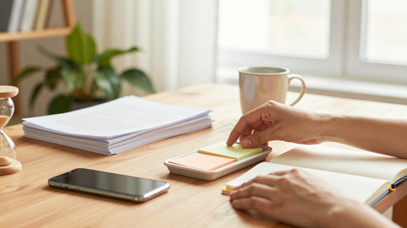 Mesa de madeira com bloco de notas, telemóvel, caneca e mãos a pegar post-its para organizar trabalho.