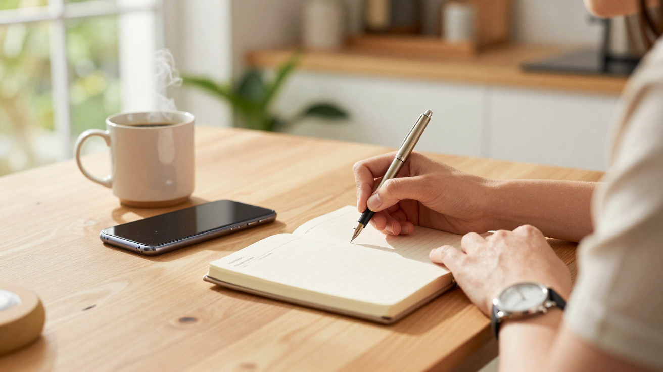 Pessoa a escrever numa agenda com uma caneta, ao lado de um telemóvel e uma chávena fumegante numa mesa de madeira.