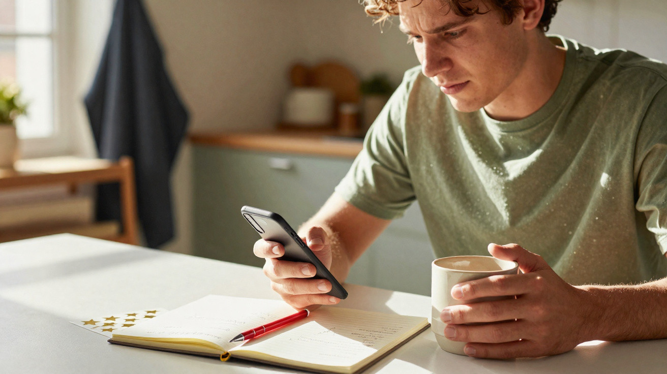 Homem jovem sentado à mesa a consultar o telemóvel, com caderno aberto e caneca na mão num ambiente luminoso.