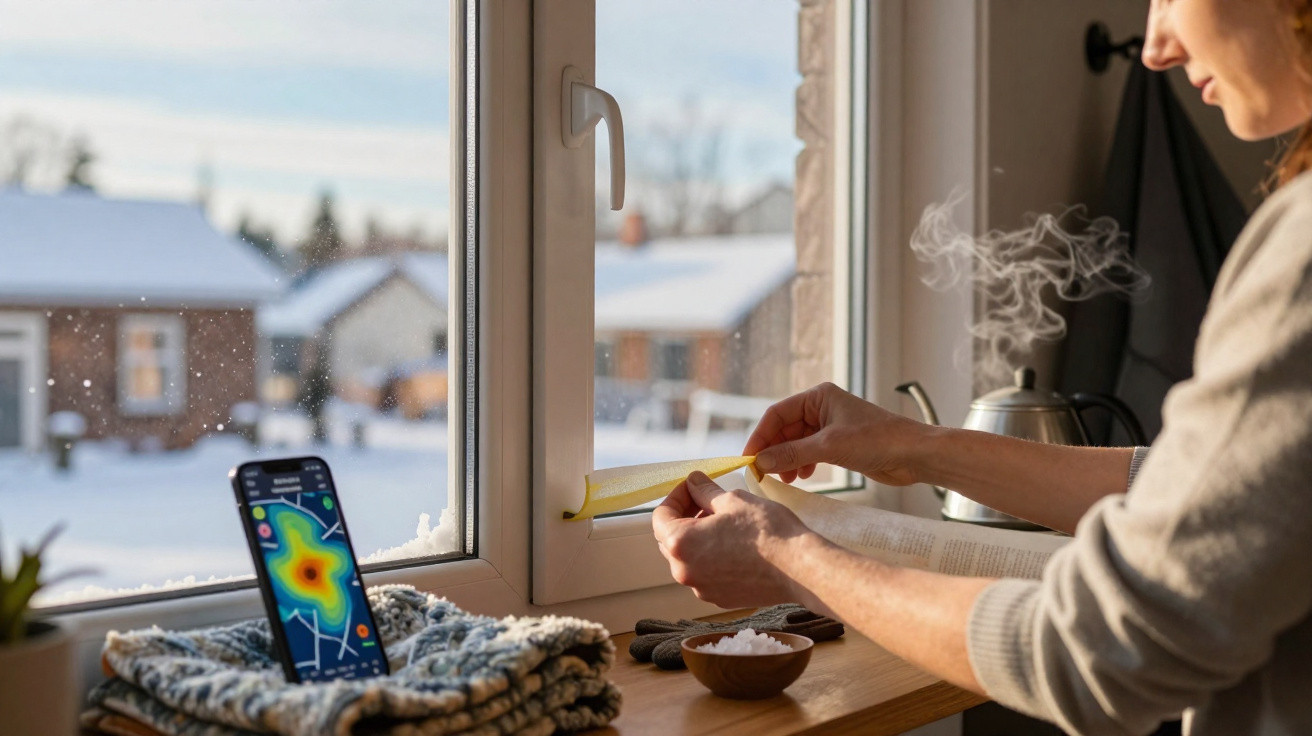Pessoa a colocar fita adesiva numa janela durante o inverno com neve do lado de fora e smartphone na janela.