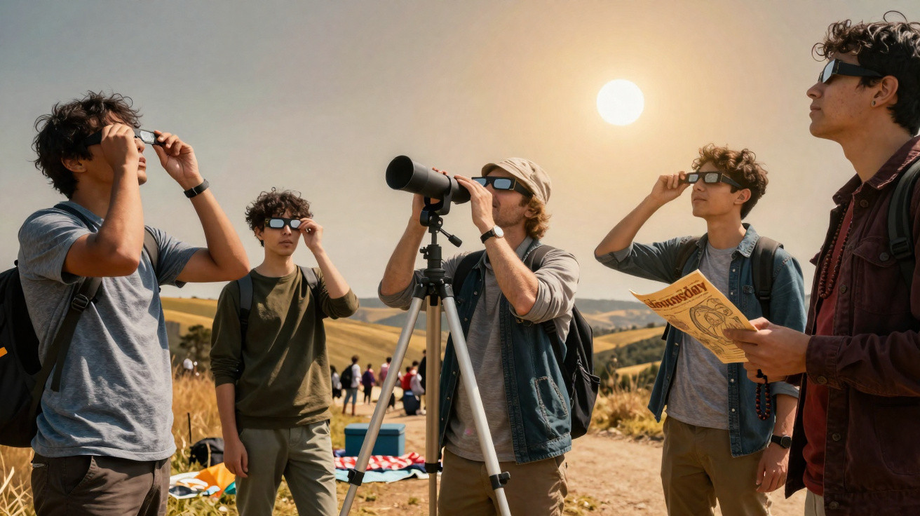 Grupo de jovens de óculos especiais observa o eclipse solar durante o dia num campo aberto.