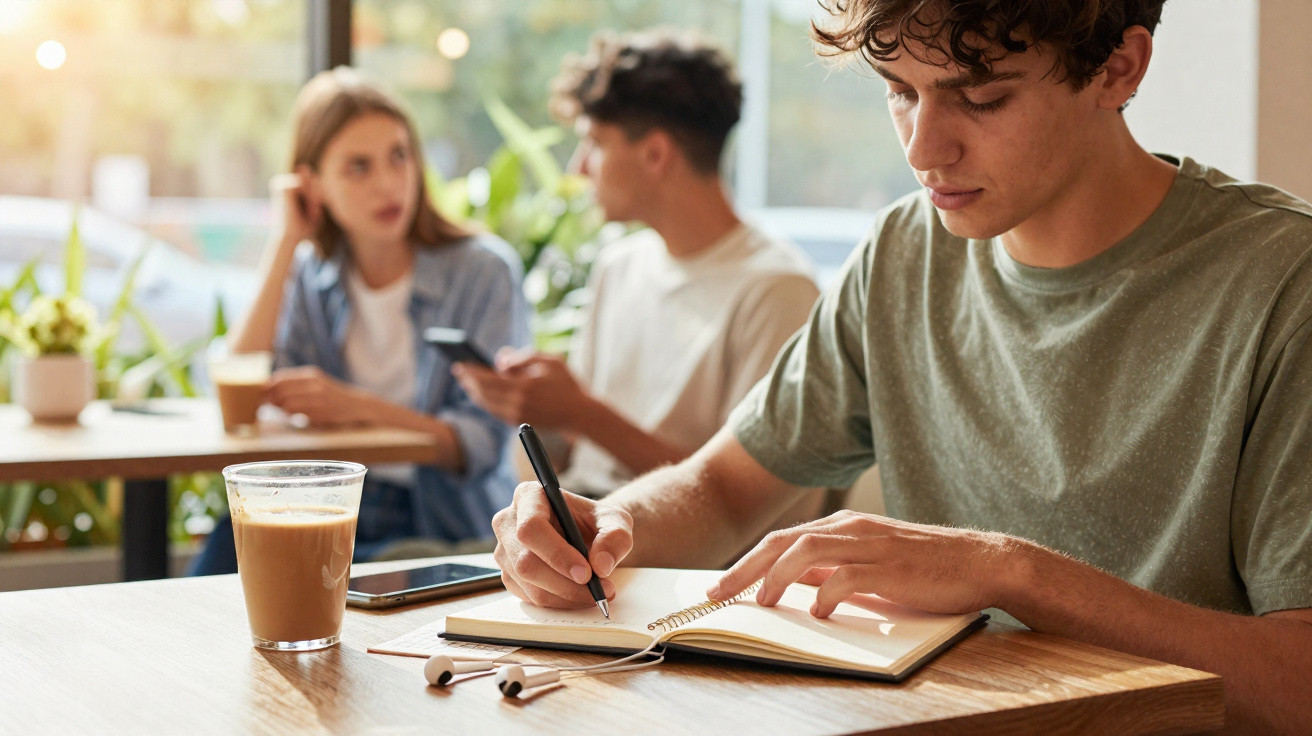 Jovem a escrever num caderno numa mesa de café, com dois amigos ao fundo conversando e um copo de café ao lado.