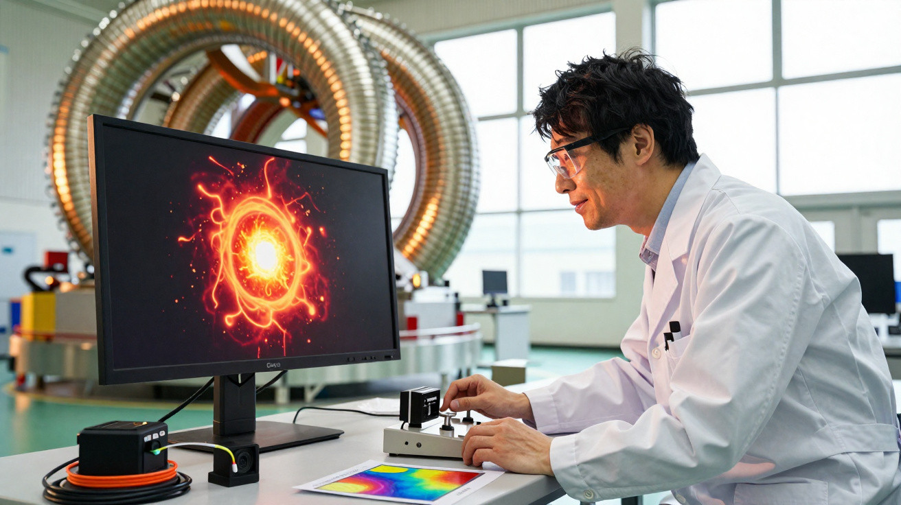 Cientista com bata branca e óculos ajusta equipamento enquanto observa imagem de átomo na monitor.