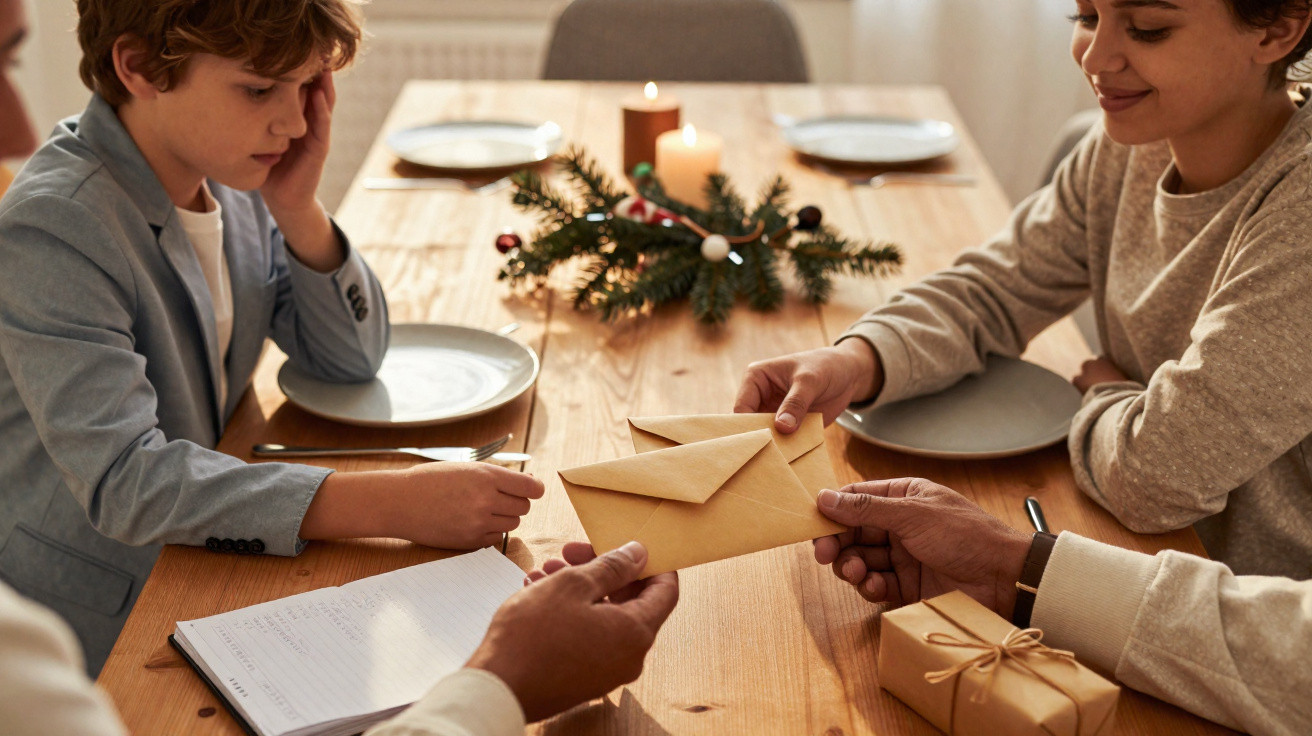 Criança sentada à mesa com adulto a entregar envelope, decorada para Natal com velas e ramo festivo.