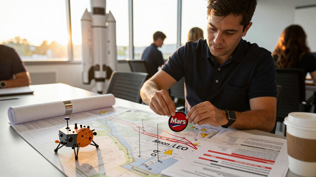 Homem a trabalhar num modelo de missão espacial com mapas e objetos relacionados a Marte e à Lua.
