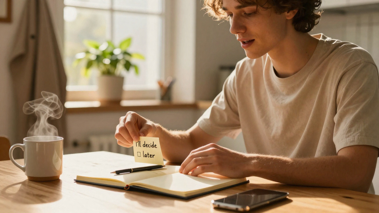 Jovem sentado à mesa a segurar um post-it enquanto lê um caderno aberto com chá quente ao lado.
