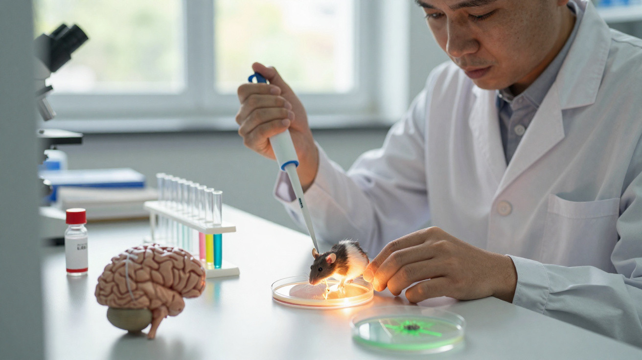 Cientista em laboratório a injetar substância numa rata dentro de placa de Petri iluminada.