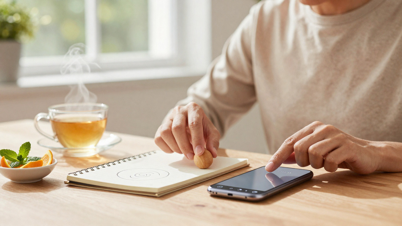 Pessoa usando um dispositivo digital e carimbando num caderno ao lado de chá e frutas numa mesa de madeira.
