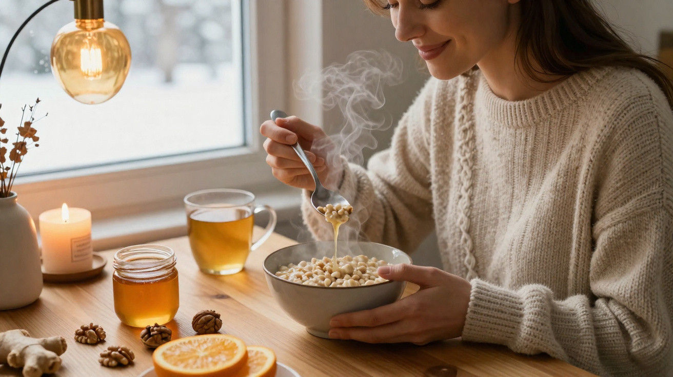 Mulher a sorrir com camisola de lã bebe chá e come cereal quente à mesa junto a janela com luz ambiente.