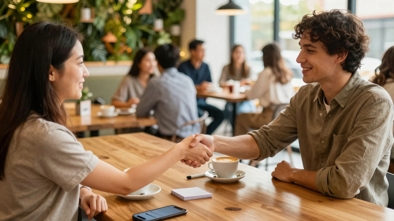 Duas pessoas a cumprimentarem-se com um aperto de mão numa mesa de café, com outras pessoas ao fundo.