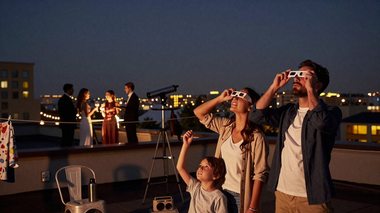 Família observa o céu com óculos especiais à noite num terraço com outras pessoas ao fundo.