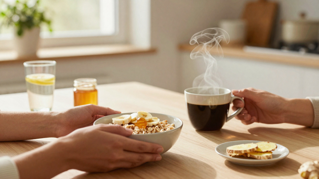 Duas pessoas a tomar pequeno-almoço com taça de cereais, chá quente e torradas de banana numa mesa de madeira.