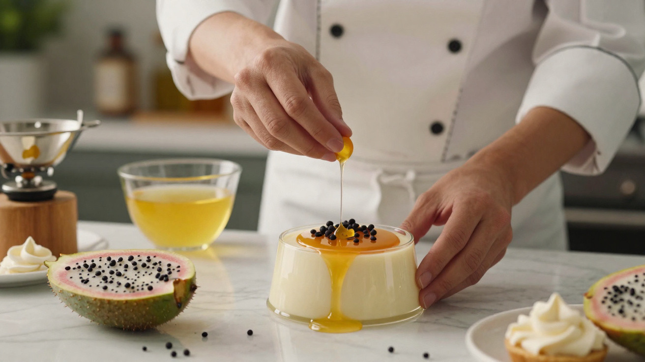 Chef a verter mel sobre pudim decorado com bagas pretas, em bancada de cozinha moderna.