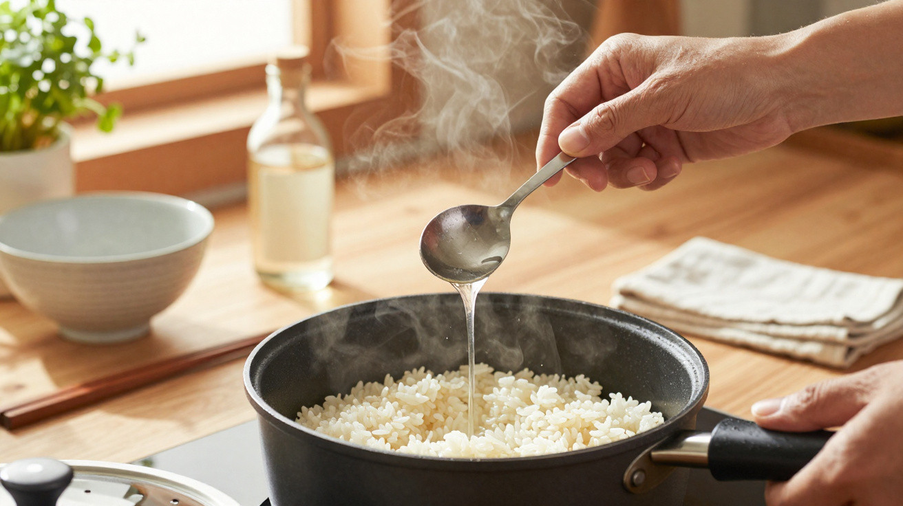 Mãos a adicionar líquido quente ao arroz branco a cozinhar numa panela numa cozinha ensolarada.