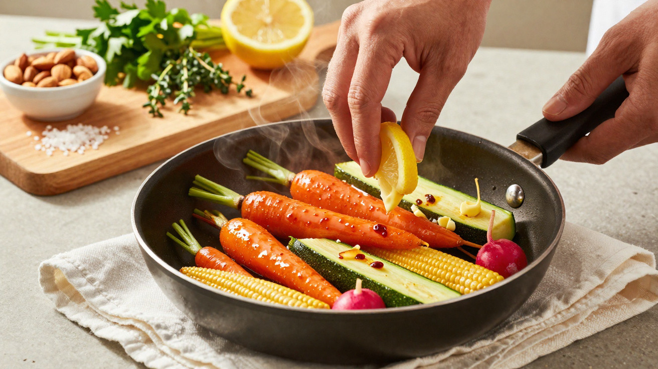 Legumes frescos a cozinhar numa frigideira, com cenouras, curgete, milho e rabanetes, regados com sumo de limão.