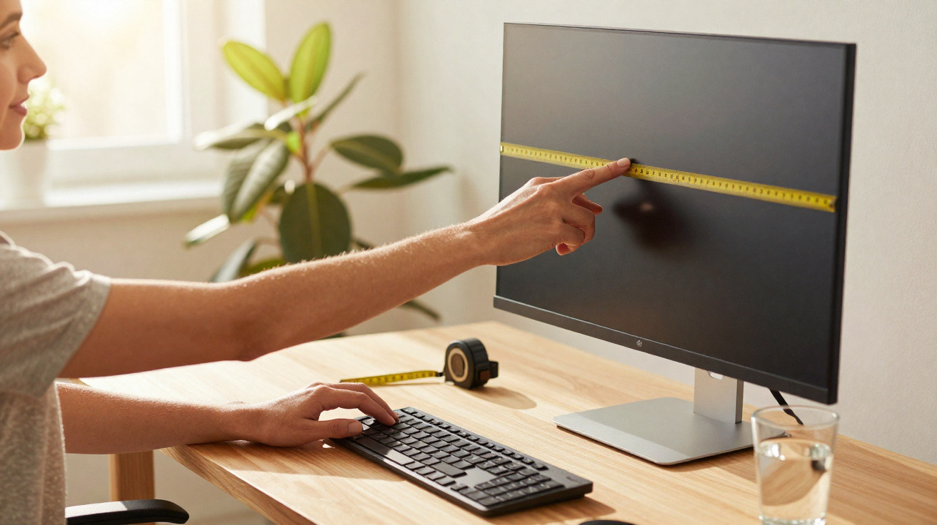 Pessoa a medir a largura de um monitor de computador numa secretária com teclado e copo de água.