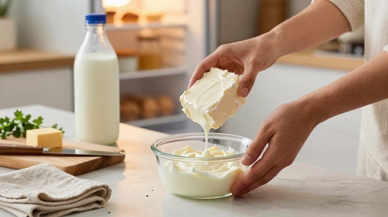 Pessoa a misturar queijo fresco numa taça transparente sobre bancada de cozinha com leite e manteiga.