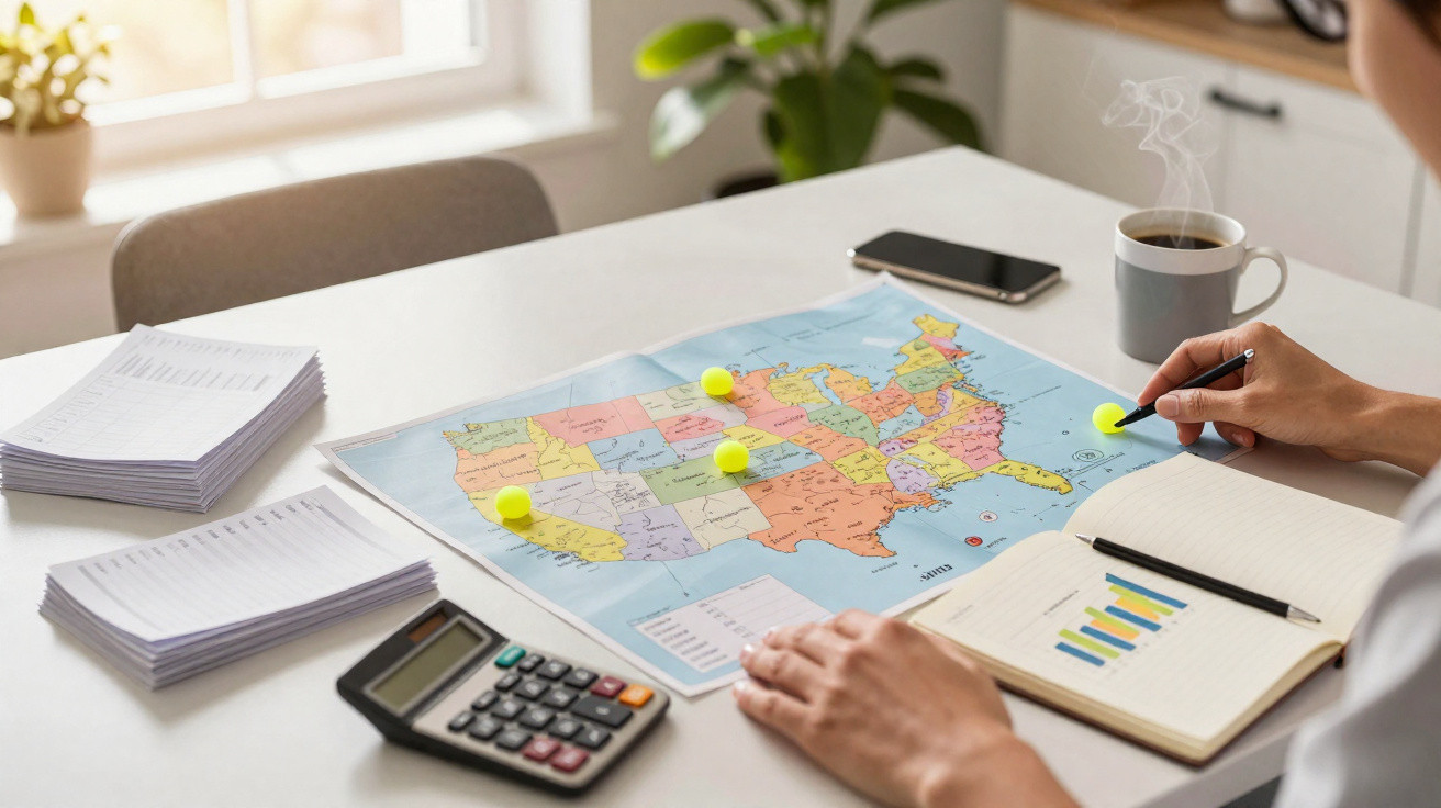 Pessoa marca locais num mapa dos Estados Unidos junto a mesa com calculadora, apontamentos e café quente.