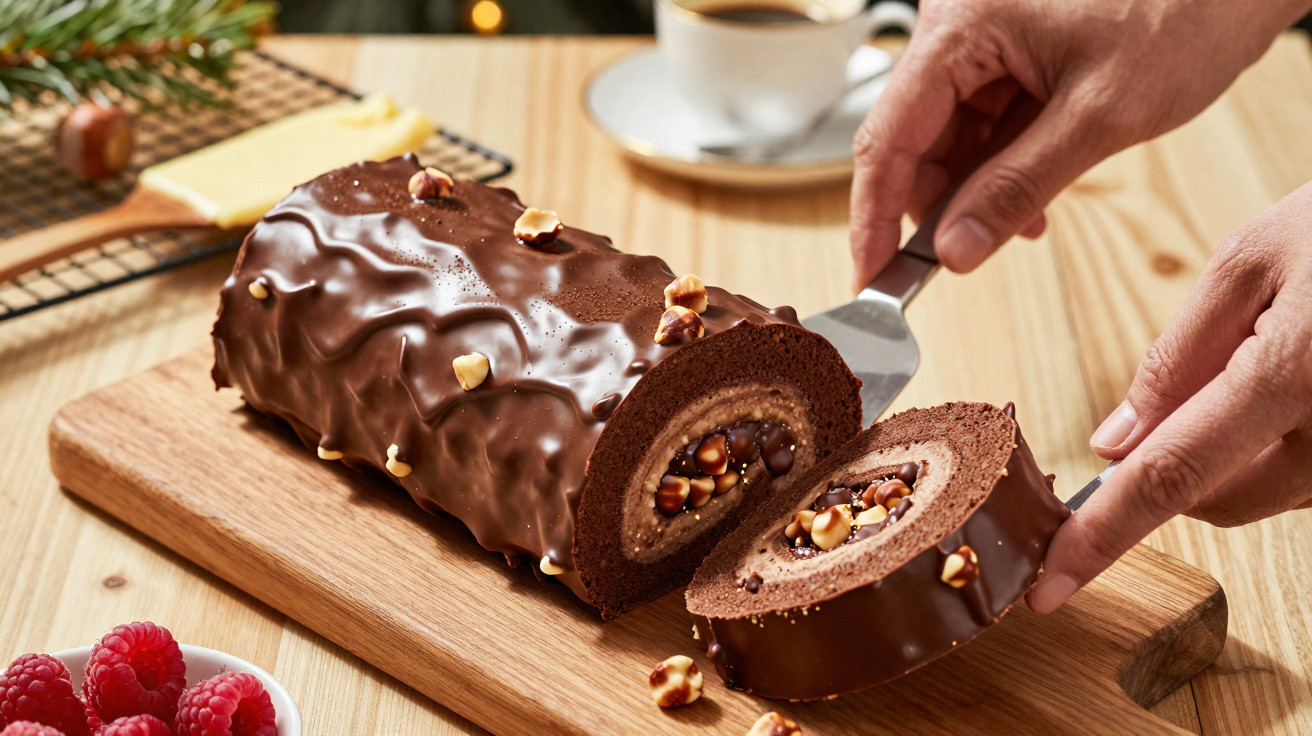 Mãos a cortar um tronco de chocolate recheado com avelãs numa tábua de madeira, com café e framboesas ao fundo.
