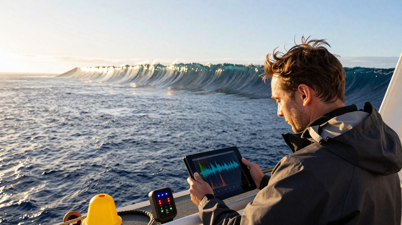 Homem num barco a analisar dados num tablet enquanto observa uma grande onda no mar ao amanhecer.