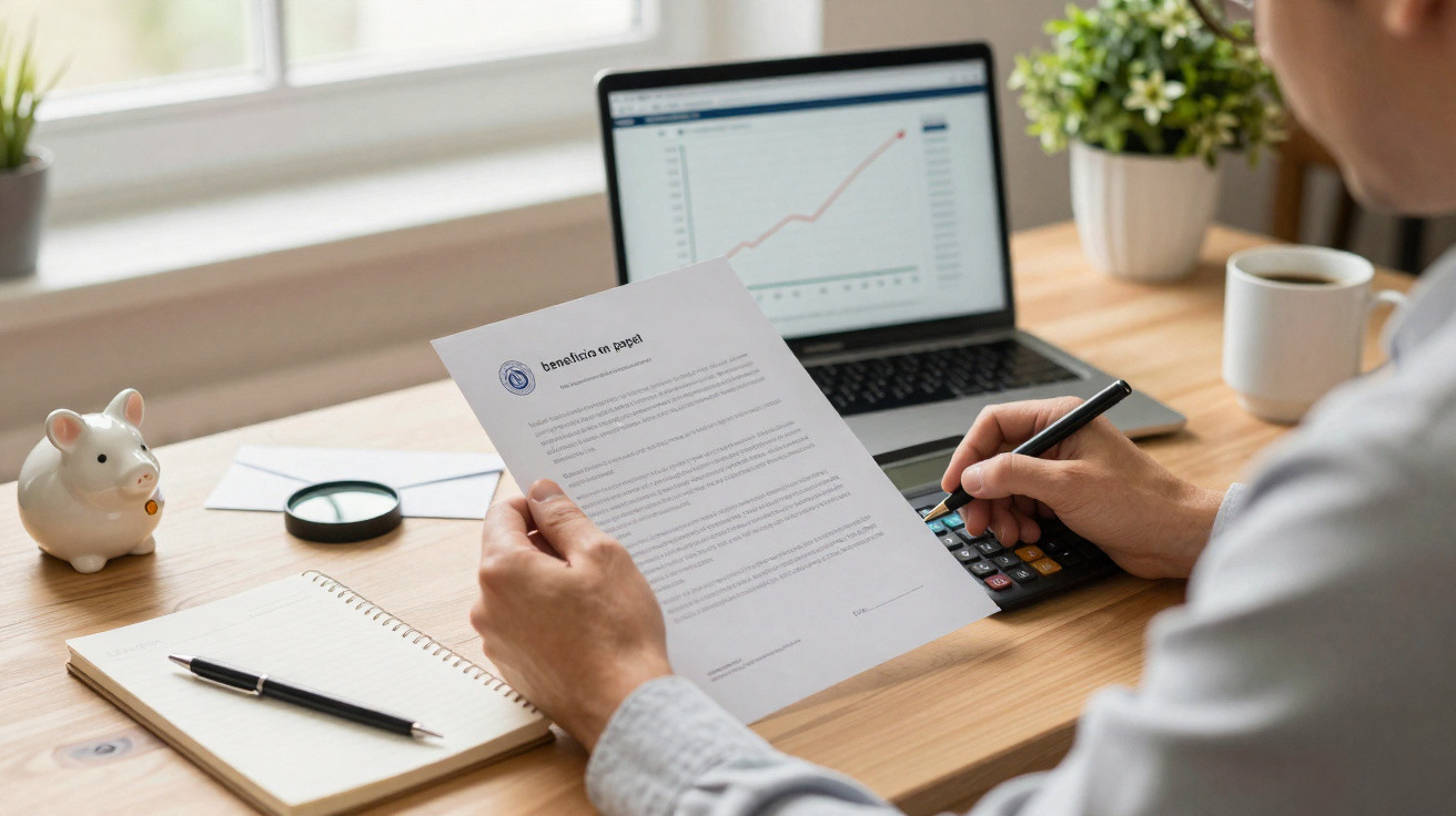 Pessoa a calcular finanças com calculadora, documento, laptop e mealheiro na mesa de madeira.
