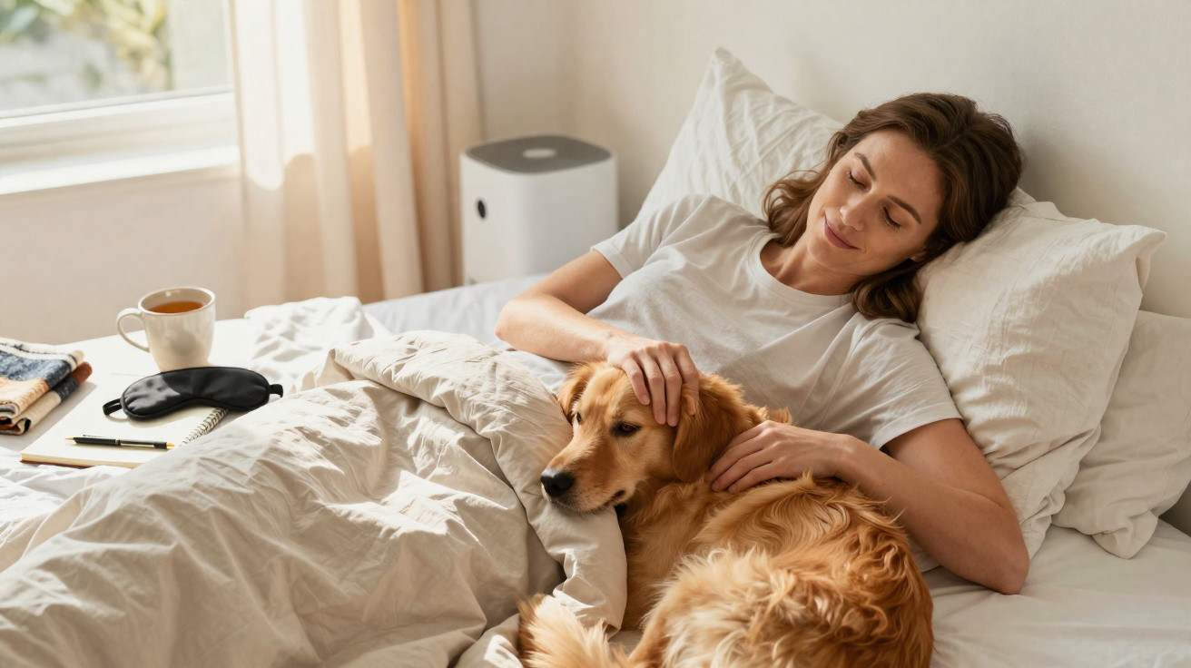 Mulher deitada na cama a acariciar um cão golden retriever, com chá e livros na mesa ao lado.