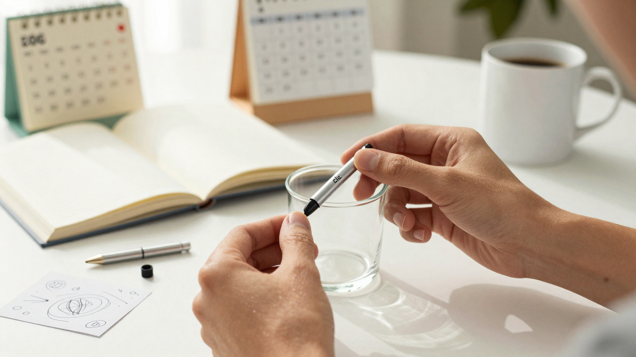 Mãos seguram peça pequena e caneta numa mesa com calendário, livro aberto e chávena de café ao fundo.