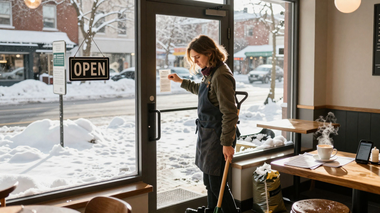 Mulher a abrir porta de café aberto, com neve visível através da janela e uma chávena quente na mesa.