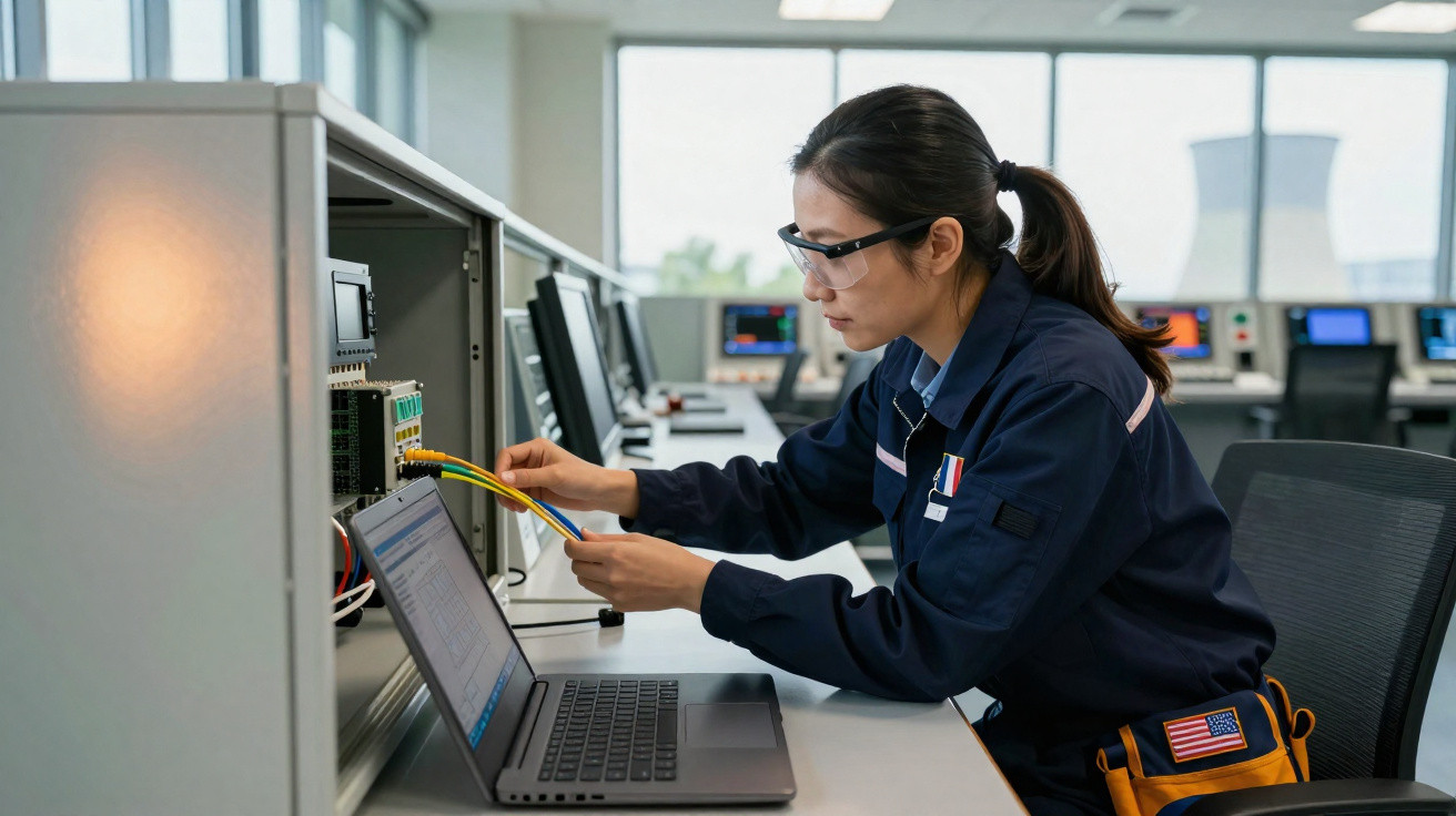 Técnica a trabalhar com cabos de rede e computador portátil numa sala de controlo tecnológica.