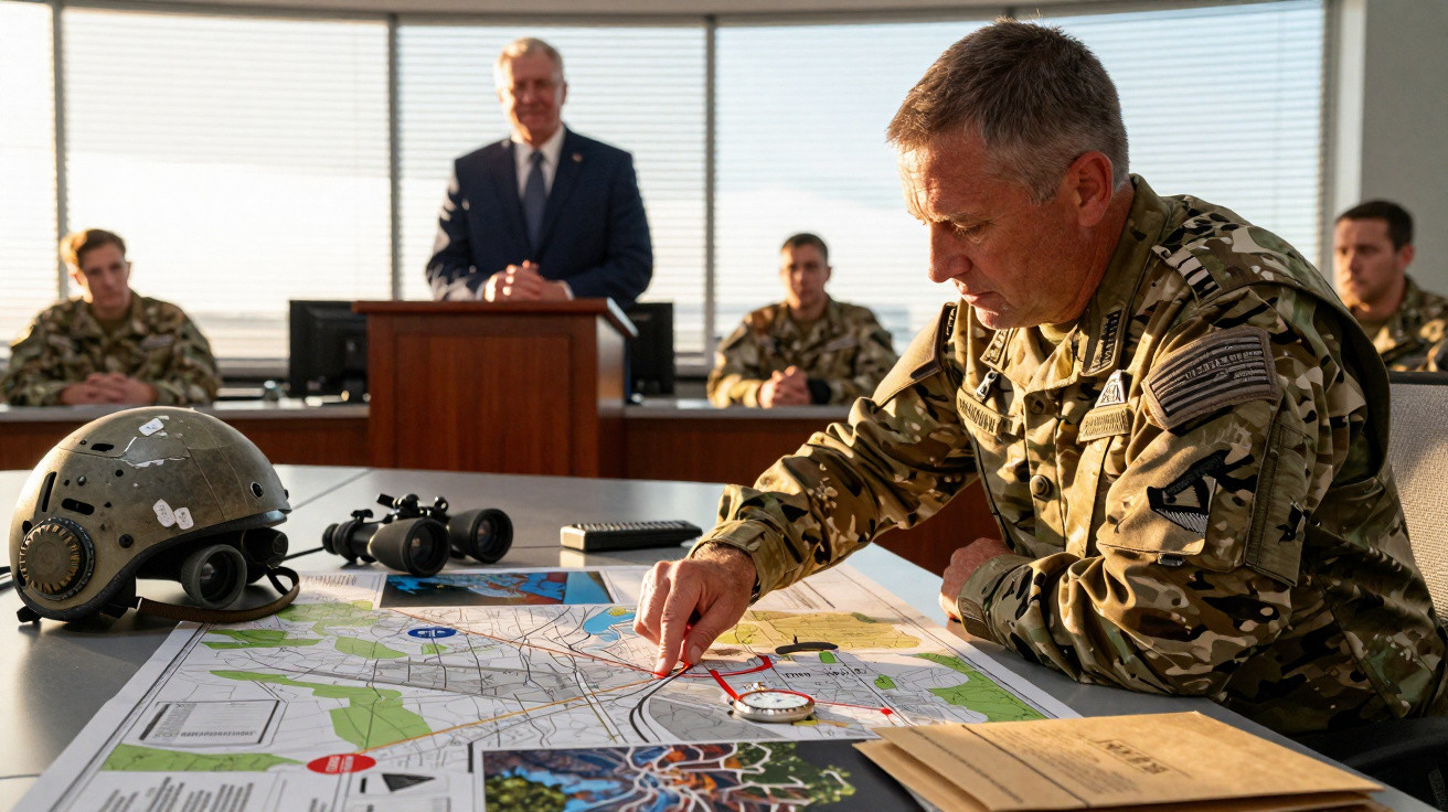 Militar em uniforme camuflado a apontar num mapa com três soldados e um civil ao fundo numa reunião estratégica.