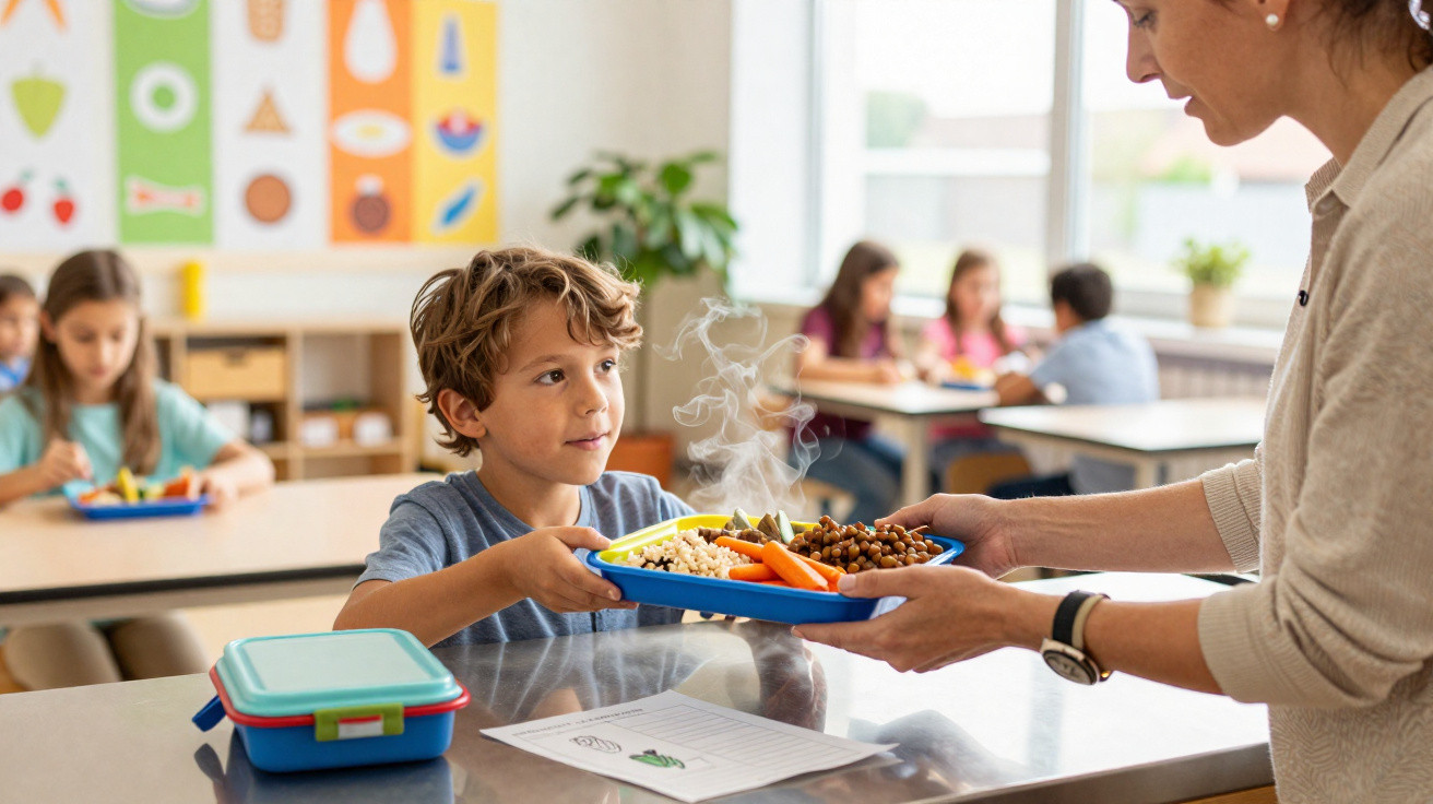 Criança a receber uma refeição quente numa bandeja ao almoço numa escola com outras crianças ao fundo.