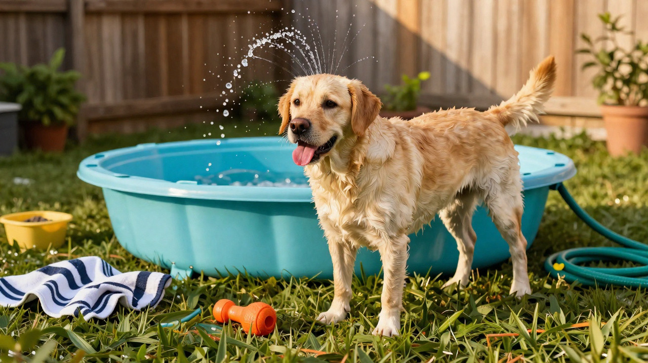 Cão dourado molhado junto a piscina infantil azul e rega a jato no jardim com relva e cerca de madeira.