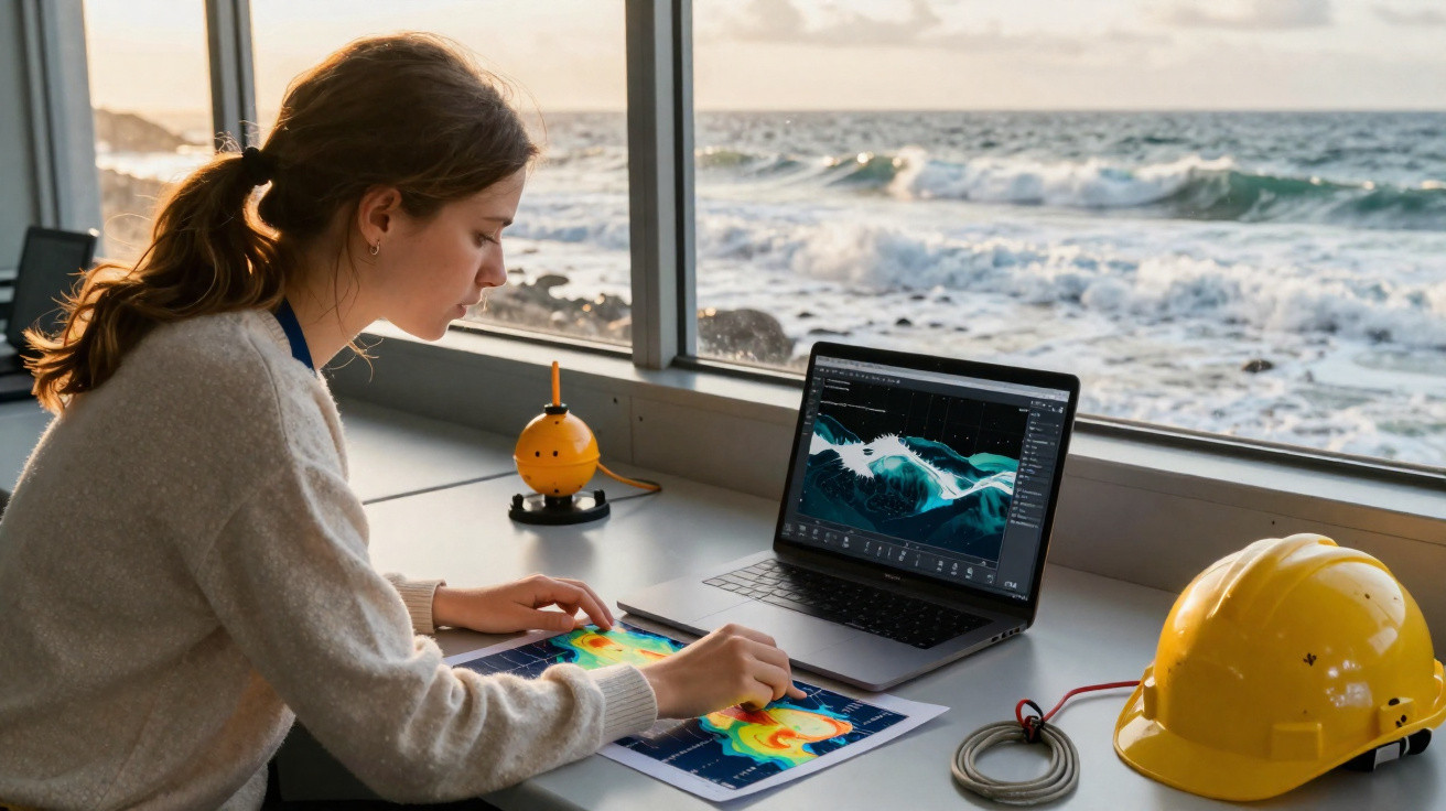 Mulher analisa dados oceanográficos no escritório junto da janela com vista para o mar e ondas agitadas.