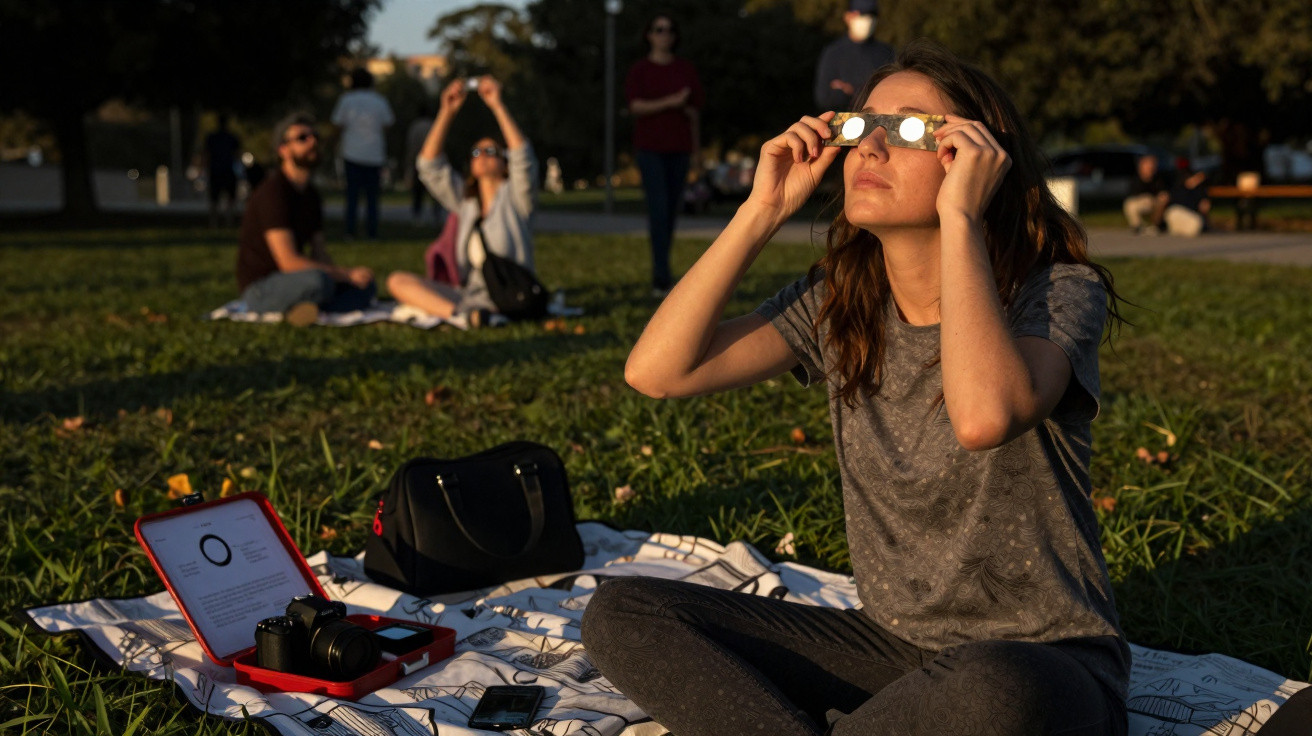 Mulher sentada num campo a usar óculos para observar um evento solar, com pessoas ao fundo.