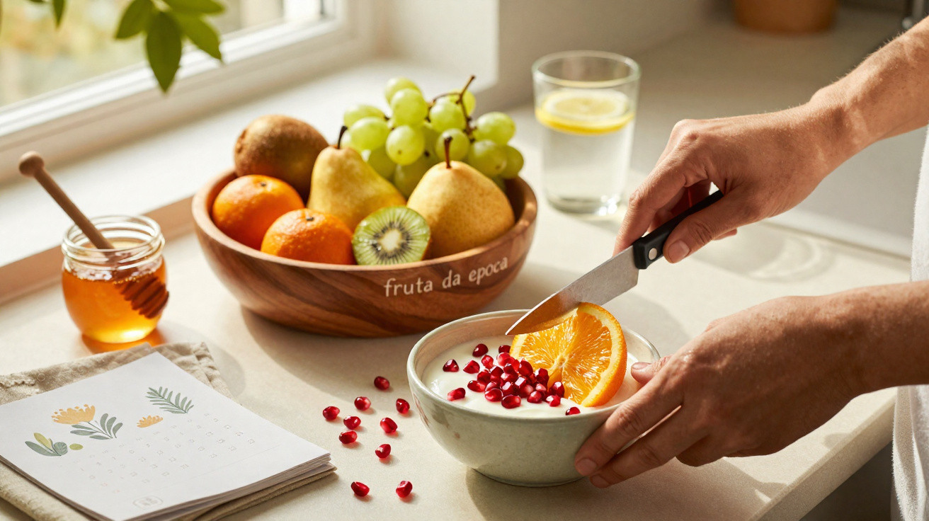 Mãos a cortar uma laranja num iogurte com romã, com fruteira e mel ao lado numa cozinha iluminada.